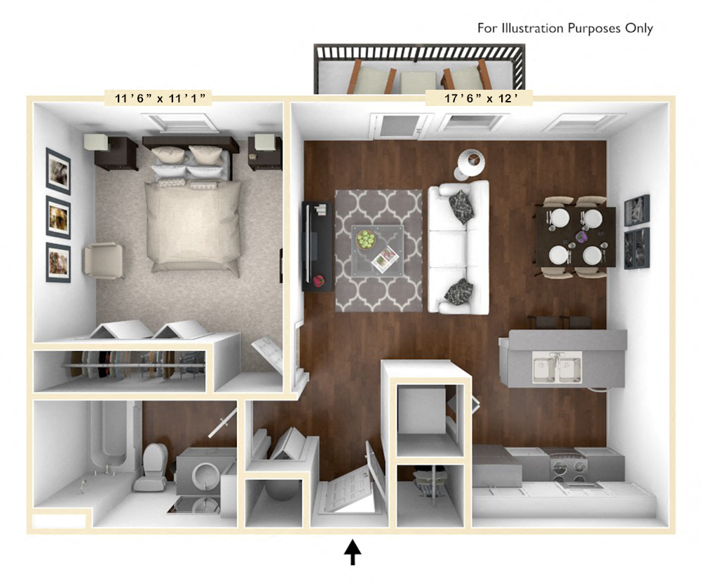 Floor plan for 1 bed, 1 bath, 608 sqft